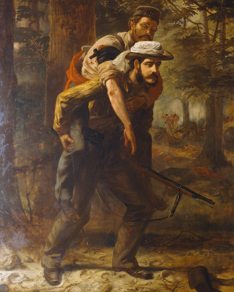Assistant Magistrate Ross Mangles carrying a wounded soldier of the 37th Regiment during the relief of Arrah, 1857