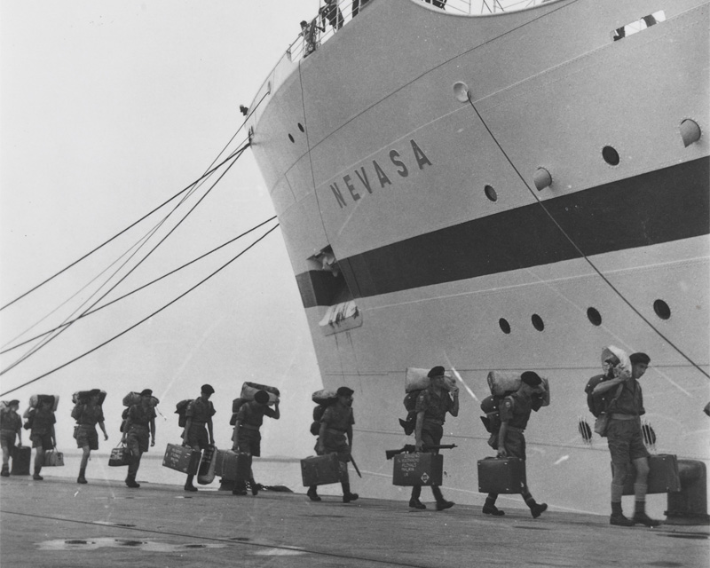Boarding the troopship Nevasa on route to Malaya, 1957