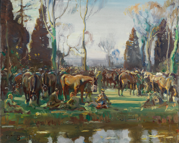 Cavalry halted on the march by a stream at Nesle, 1918