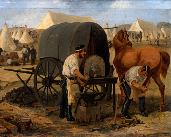 Farriers of the 17th Lancers shoeing a horse from a mobile forge, Chobham Camp, 1853