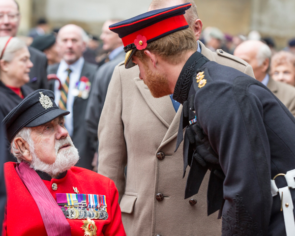 Prince Harry chats meets Bill Speakman VC at Westminster Abbey, 2015