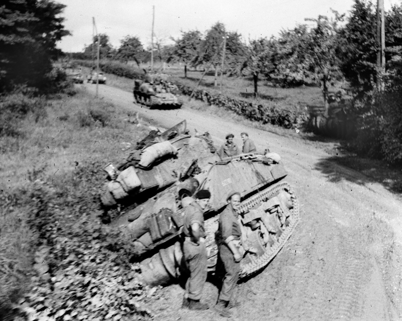A tank of the Royal Scots Greys ditched during the march towards Antwerp, 1944