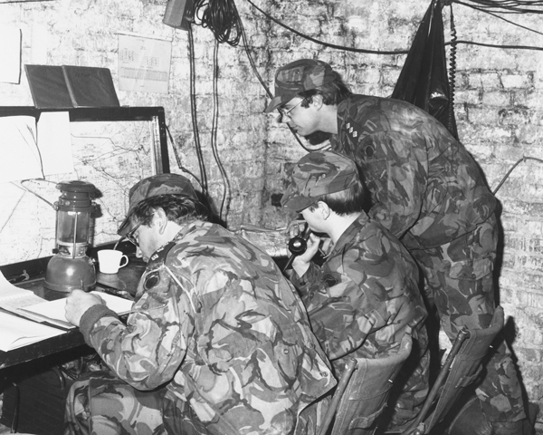 Soldiers from The Royal Irish Rangers in a temporary command post, Germany, 1980