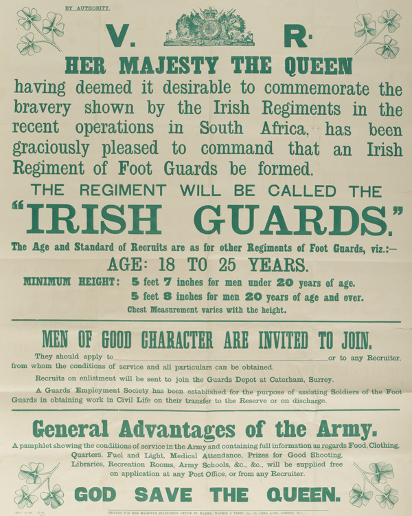 Recruiting poster issued on the formation of The Irish Guards, 1900