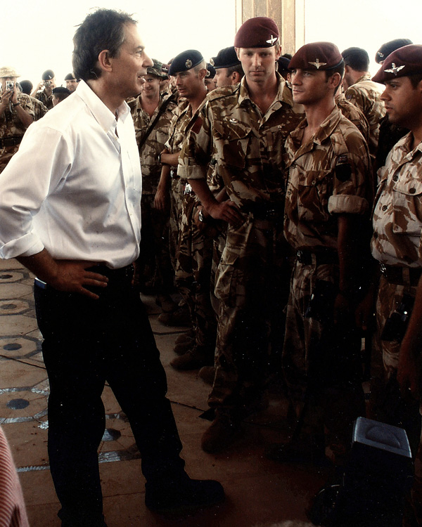 Prime Minister Tony Blair speaking with troops at Basra Palace, 2003