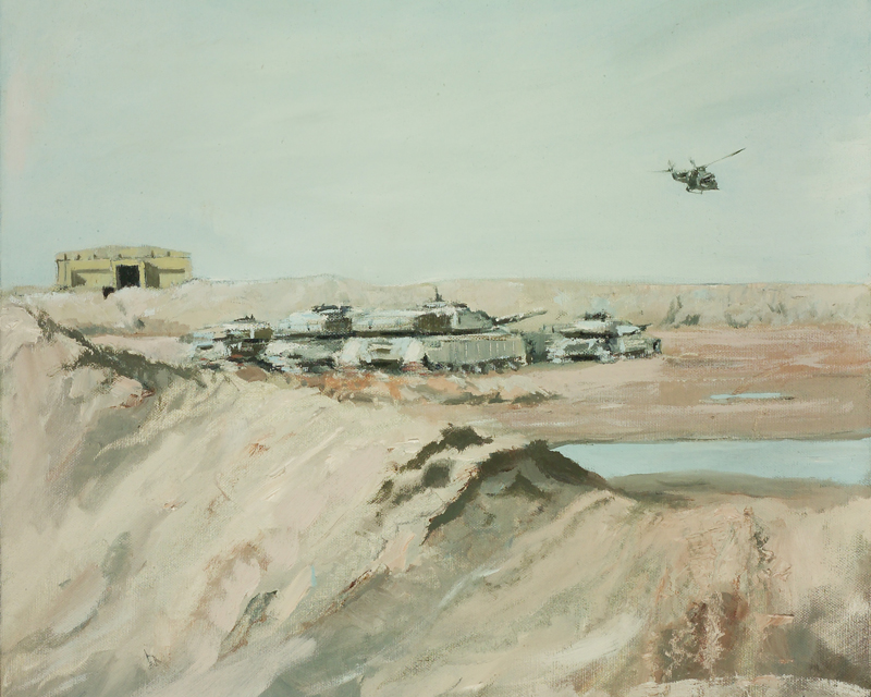 A Lynx helicopter flies over the British tank park at Shaiba, Iraq, 2006