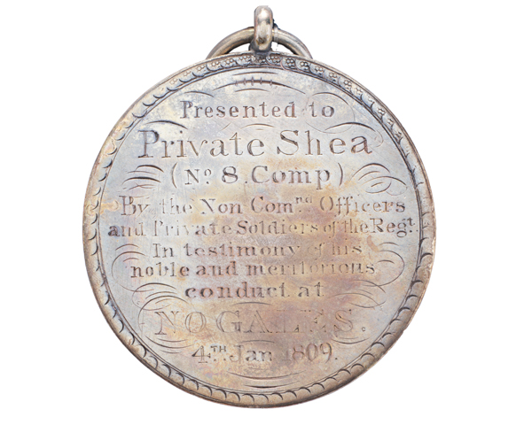 Regimental medal awarded to Private Shea for his bravery at Corunna, 1809