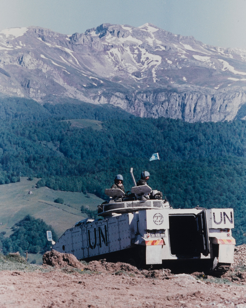 A British Army Warrior vehicle in the Bosnian hills, c1993