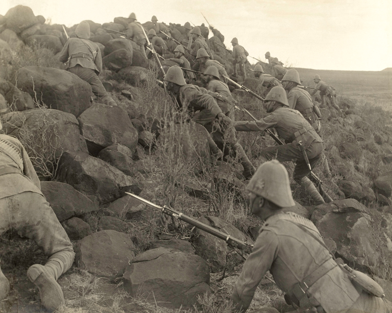 Canadian troops climbing a kopje, c1900