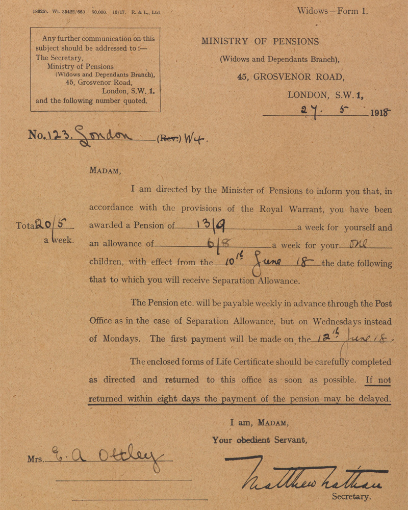 Widows Form 1 from the Ministry of Pensions to Mrs Ethel Annie Ottley, 27 May 1918