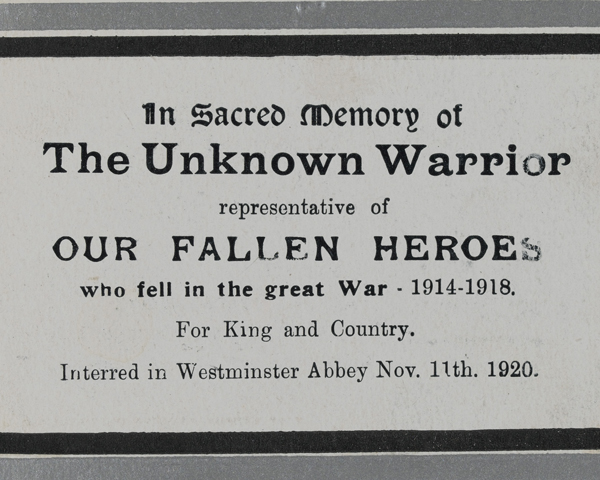 Memorial card for the Unknown Warrior interred in Westminster Abbey, 11 November 1920