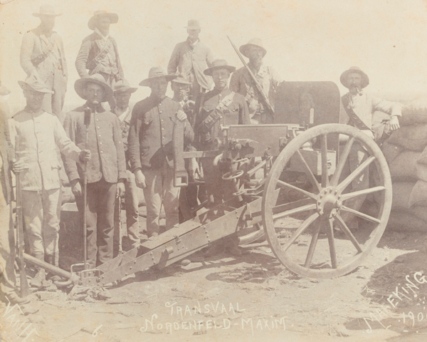 Nordenfelt-Maxim machine gun manned by Boers at Mafeking, 1900