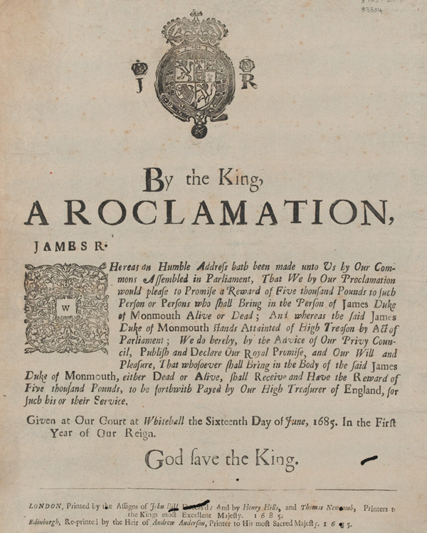 Proclamation offering a reward for the capture of the Duke of Monmouth, 16 June 1685