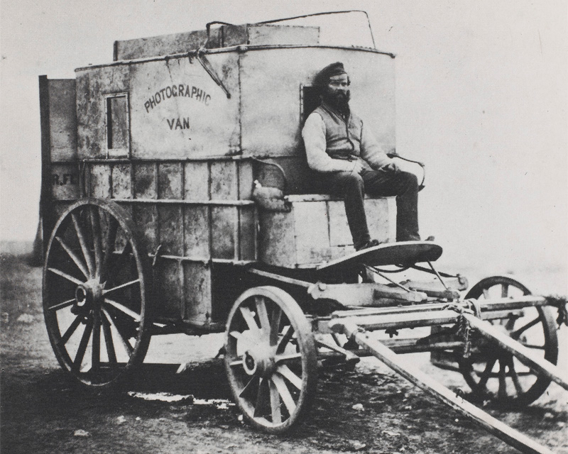 Roger Fenton's photographic van, with his assistant Marcus Sparling on the box, 1855