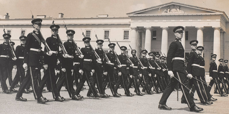 Officer cadets on parade at the Royal Military Academy Sandhurst, c1950