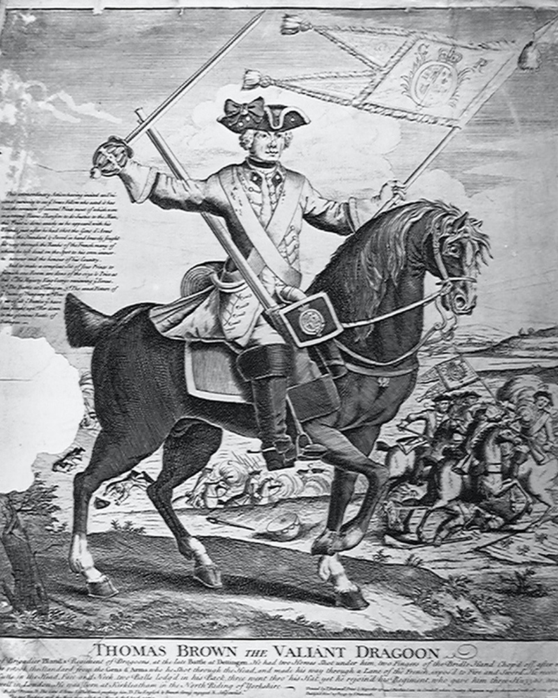 Tom Brown, 'the Valiant Dragoon', saving the King's Regiment of Dragoons' guidon at Dettingen, 1743