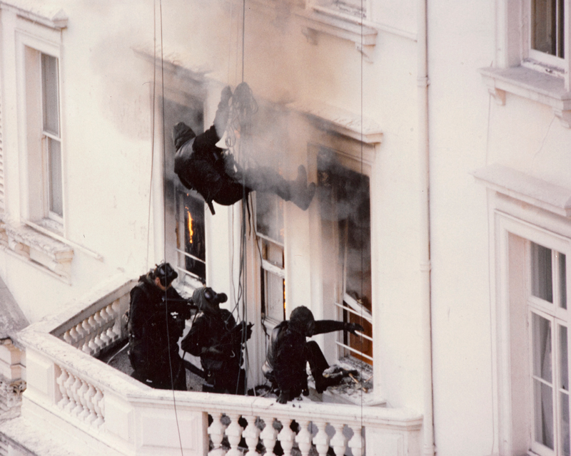 SAS troop entering the windows of the Iranian Embassy, 1980