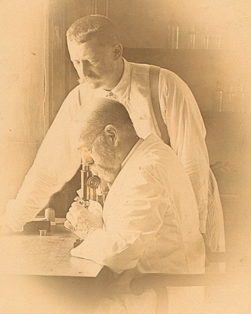 Robert Koch and Richard Pfeiffer investigating the plague in their Bombay laboratory, 1897