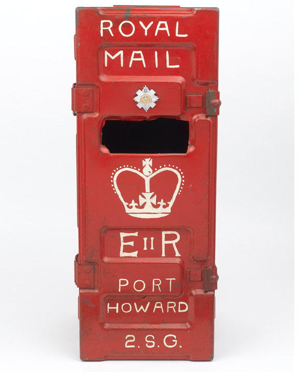 Homemade post box used by the Scots Guards at Port Howard, 1982