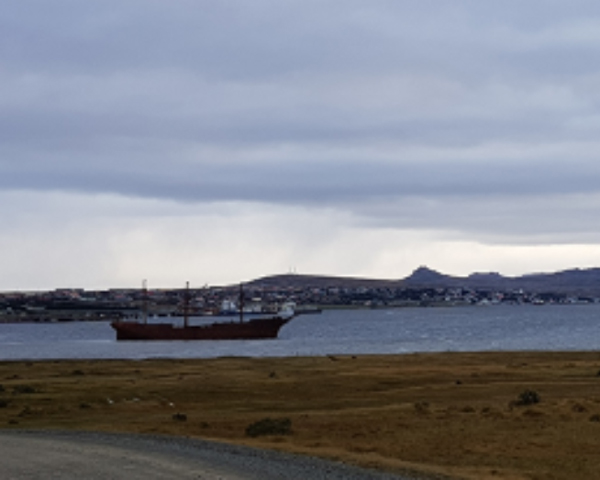 The wreck of the 'Lady Elizabeth' in Stanley Harbour, with the Falklands’ capital and Mount Tumbledown beyond, 2018 