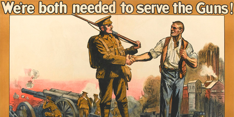 Part of a First World War propaganda poster showing a soldier and a munitions worker 