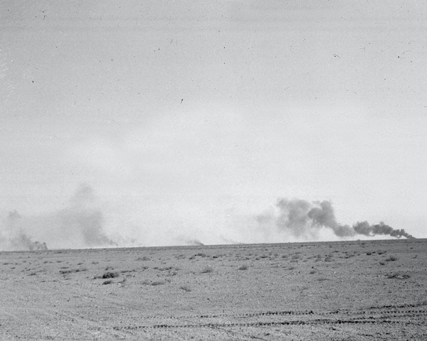 Burning armoured vehicles in the Western Desert, 1942