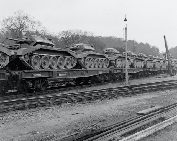 ‘Witley Station: The move to Westbury’, Cruiser tanks on flatbed railway trucks, 1941