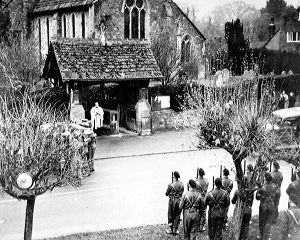 'B' Squadron detachment, 3rd County of London Yeomanry (Sharpshooters) at the funeral of Second Lieutenant Basil Stevens, Chiddingfold, Surrey, 1940