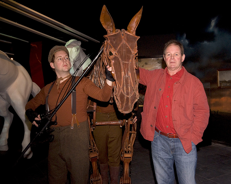 Sir Michael Morpurgo (right) with Joey, the puppet-horse from the stage production of War Horse, 2011