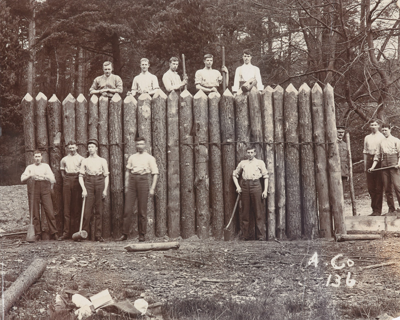 Cadets constructing a wooden palisade at the Royal Military College Sandhurst, 1905 