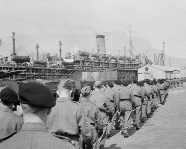 HMT 'Orion' docked at Cape Town with troops on the quayside, 1941