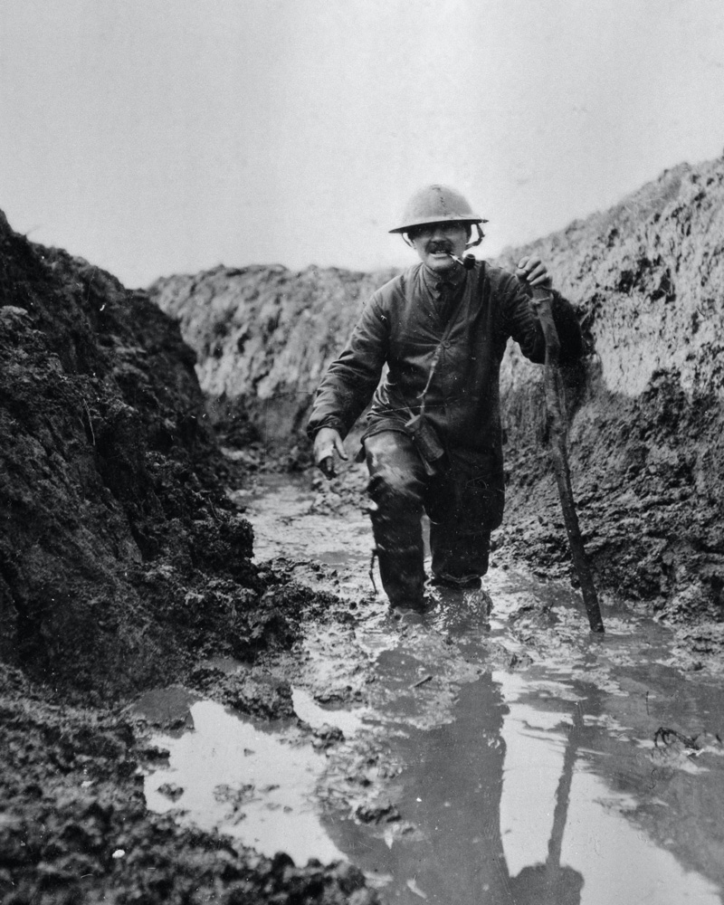 Major B Magrath, 8th East Lancashire Regiment, in a flooded trench, Foncquevilliers, 1917