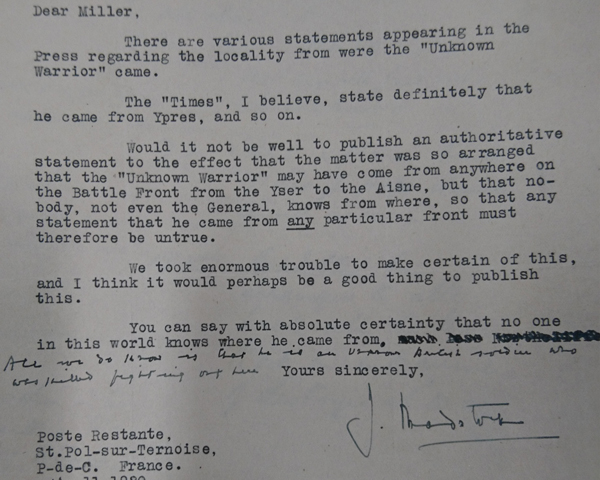 Letter by Colonel J Bradstock addressed from St Pol, 13 November 1920