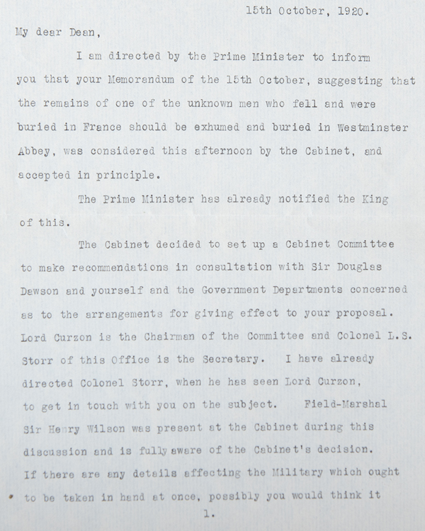 Letter from Maurice Hankey, Cabinet Secretary, to Dean Herbert Ryle, informing him that the Cabinet had approved the burial of the Unknown Warrior, 15 October 1920