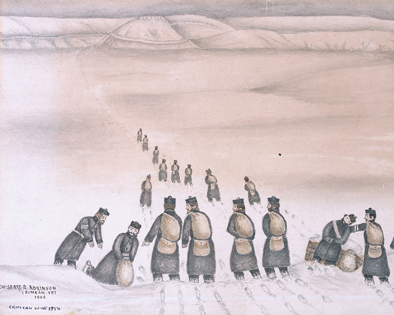 A veteran's depiction of a party of the 19th Foot in the Crimean snow, 1854