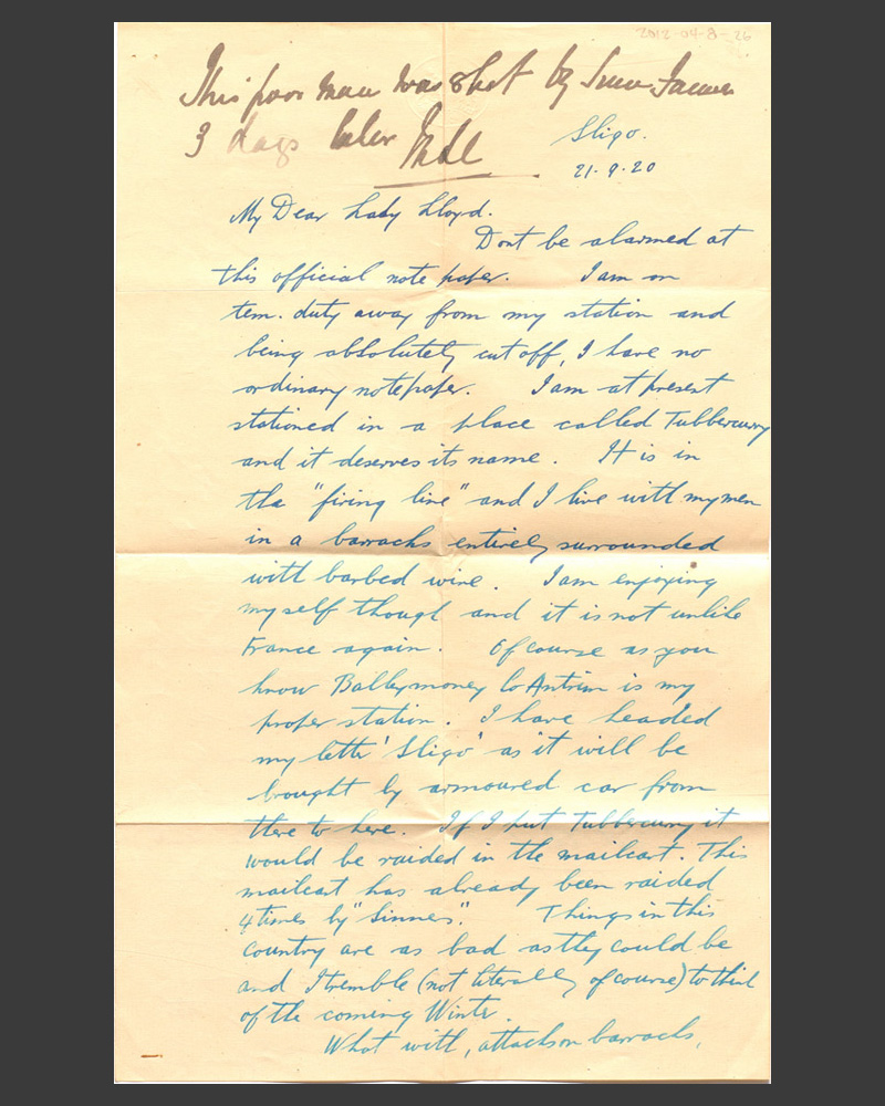 Letter by District Inspector James Brady to Lady Lloyd, 21 September 1920