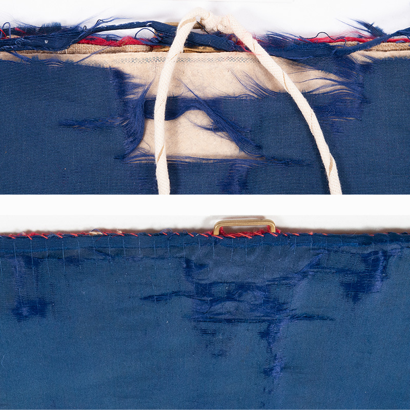 The blue silk lining before treatment (top) and after treatment (bottom)