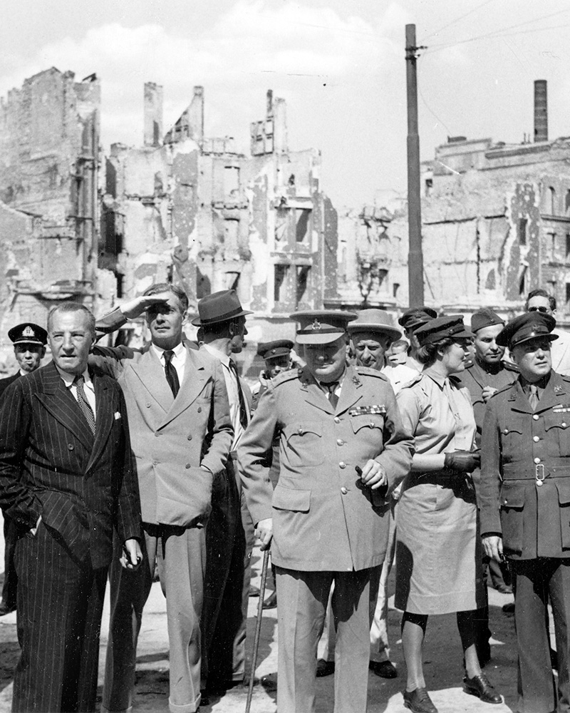 Winston Churchill visiting the ruins of the Reichstag, Berlin during the Potsdam Conference, 16 July 1945