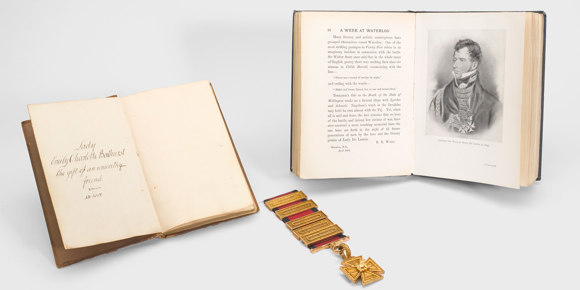 Published edition of ‘A Week in Waterloo’, together with National Army Museum’s manuscript copy and Sir William De Lancey’s Peninsular War Gold Cross