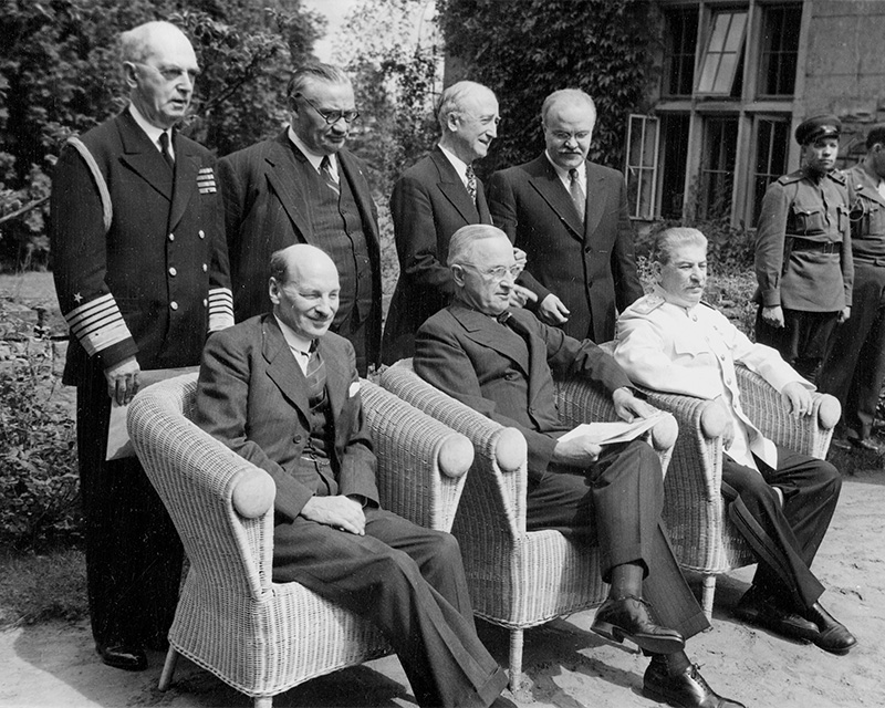 Prime Minister Clement Attlee with President Truman of the United States and Joseph Stalin of the Soviet Union at the Potsdam Conference in Berlin, August 1945
