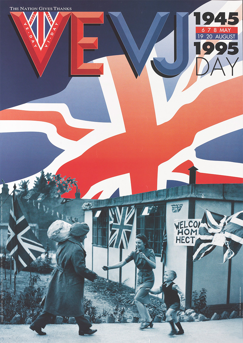 VE/VJ Day 50th anniversary poster featuring a soldier returning home from the war, 1995