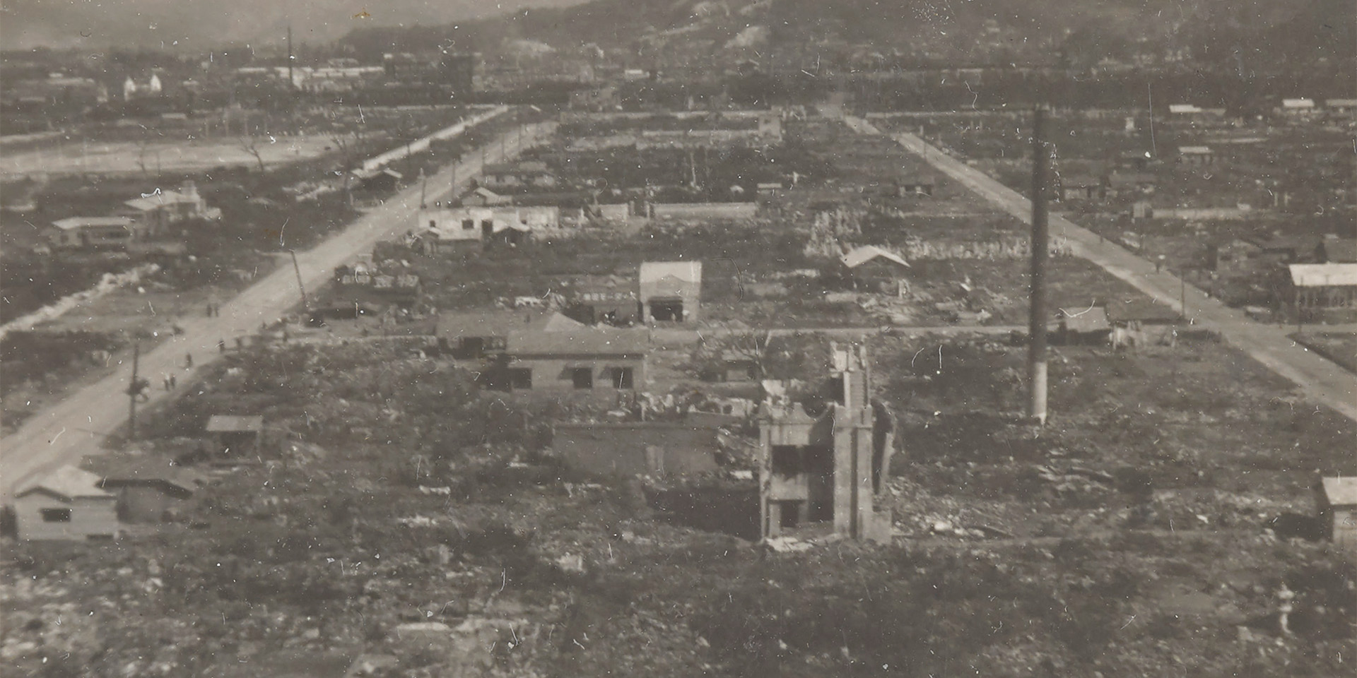 Photograph showing the destruction caused by the atomic bomb dropped on Hiroshima, Japan, 1945