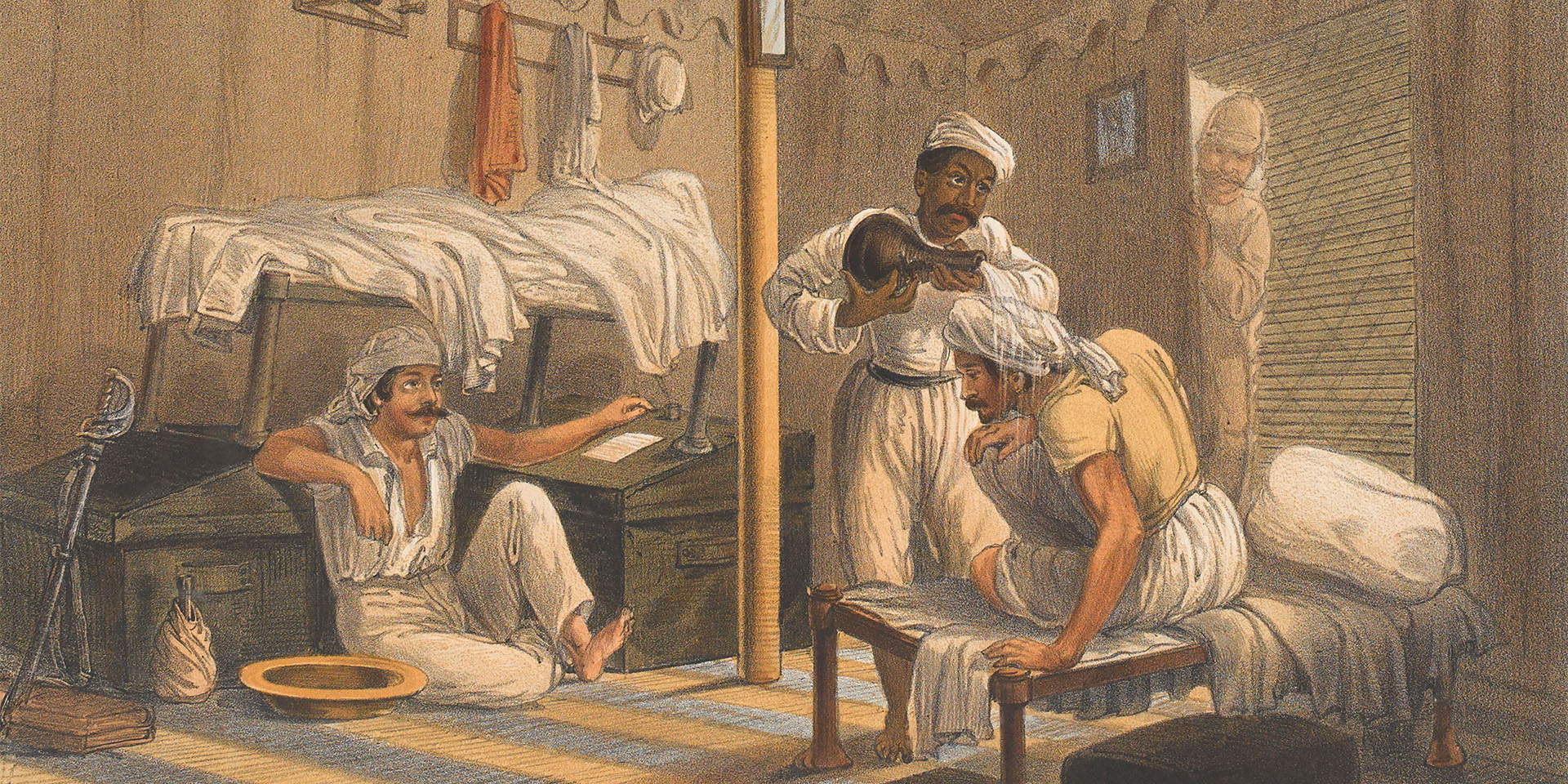 An Indian servant attends to the requirements of Bengal Army officers inside their tent, 1857