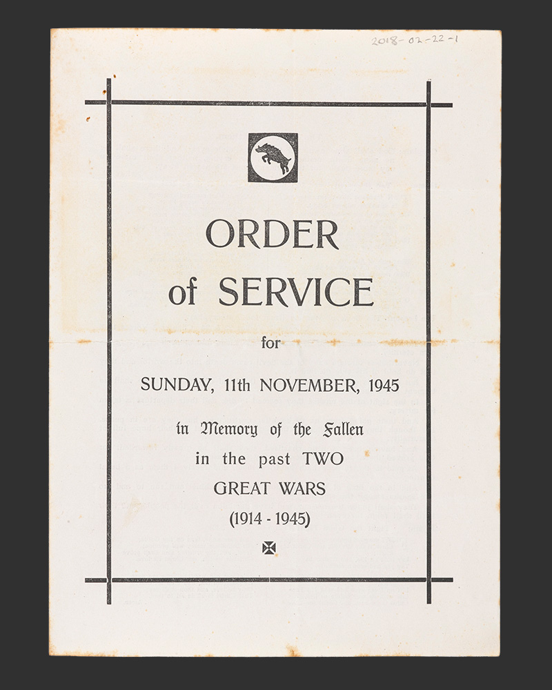 Order of service from a remembrance ceremony held by XXX Corps on 11 November 1945
