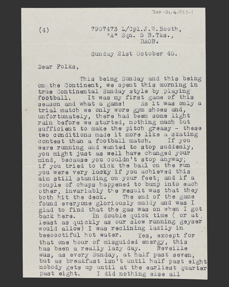 Letter from Lance Corporal John William Booth to his parents, 21 October 1945