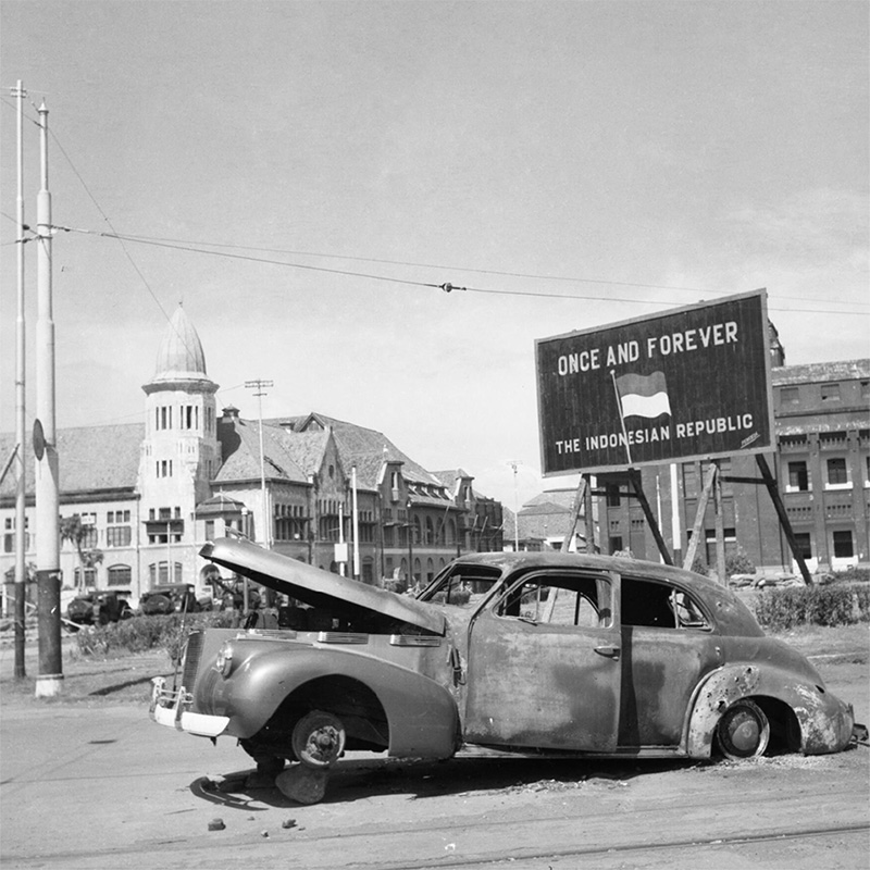 The burnt-out car of the late Brigadier Mallaby, Surabaya, October 1945