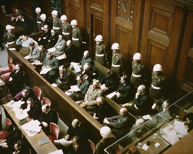 View of the defendants in the dock at the International Military Tribunal trial of war criminals at Nuremberg, c1945