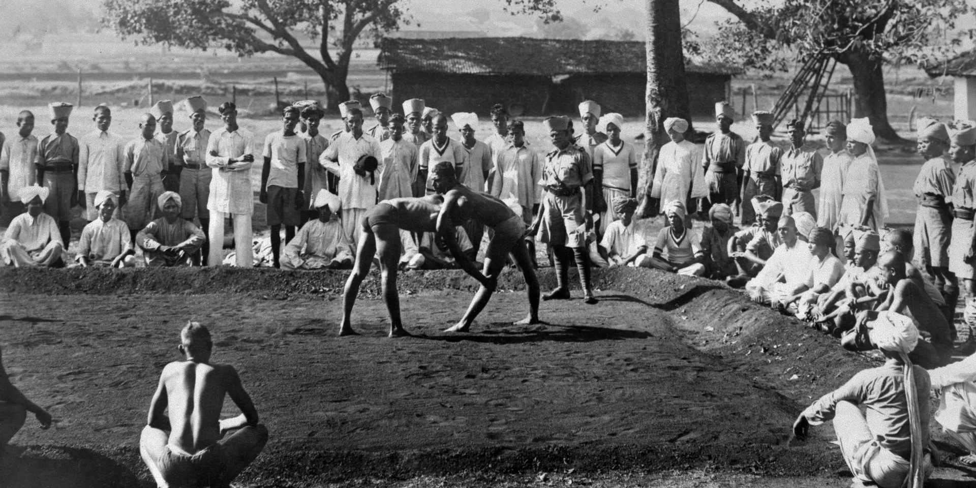 Recruits to the 5th Mahratta Light Infantry wrestling at the Belgaum depot, 1937