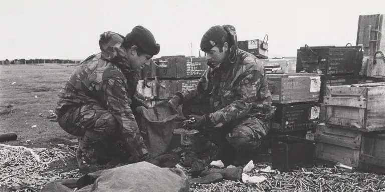 Royal Army Ordnance Corps personnel sorting out small arms ammunition, Falkland Islands, 1982