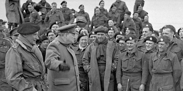Winston Churchill and Field Marshal Montgomery visiting men of 79th Armoured Division, March 1945